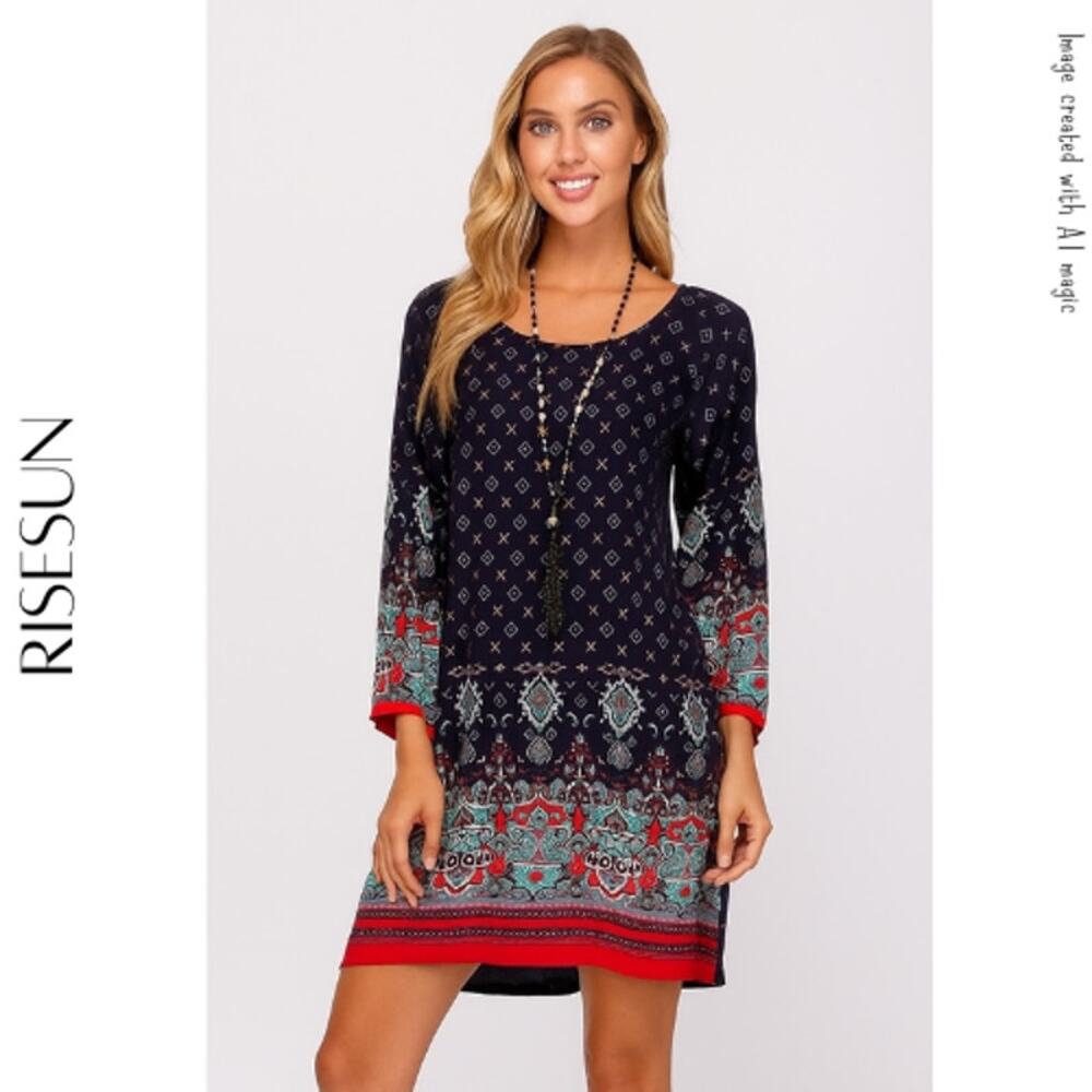 Risesun Blue & Red Bohemian Print Shift Dress, S